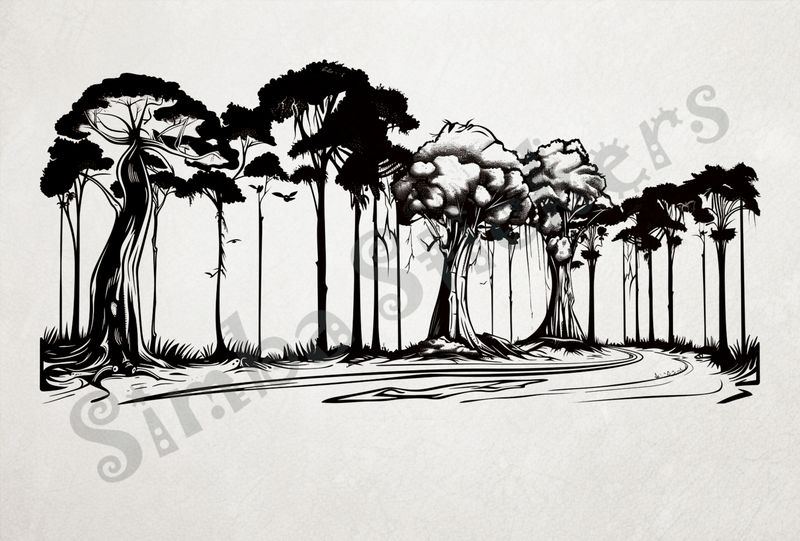 Equatorial Rainforest landscape, tall trees and winding road, outline art