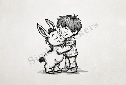 Small donkey hugging a small boy, outline art