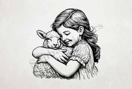 Sheep lamb hugged by girl of European origin, outline art