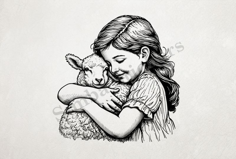 Sheep lamb hugged by girl of European origin, outline art