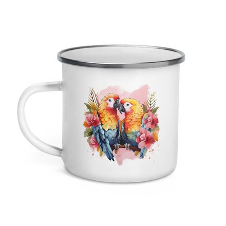 Enamel Mug, Parrots in love among flowers in pinkish background, watercolour, nvcywh