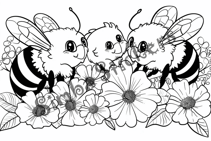 Colouring pages, bundle of bees with glasses, honeycombs or flowers, 25 images 2