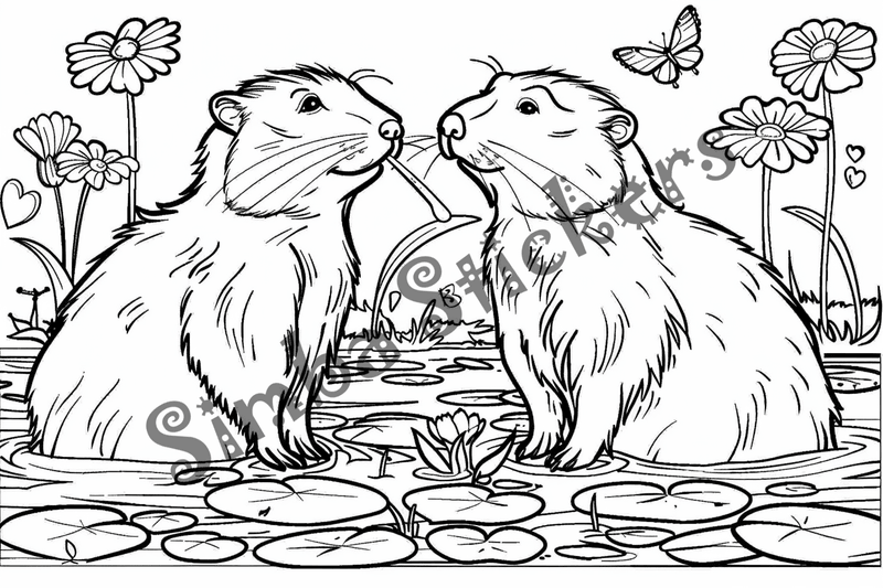 Colouring pages, bundle of beavers in love, 10 images