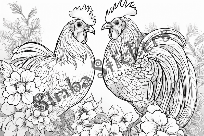 Colouring pages, bundle of chicken in love, mostly in flowers, 10 images