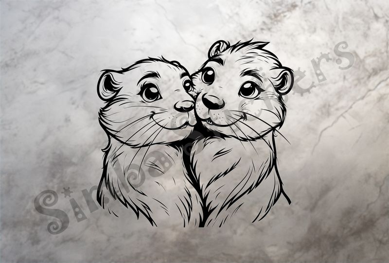 Beavers smiling and cuccling cheek-to-cheek, outline art