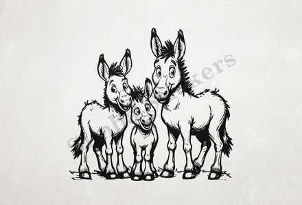 Donkey family, parents in love, outline art