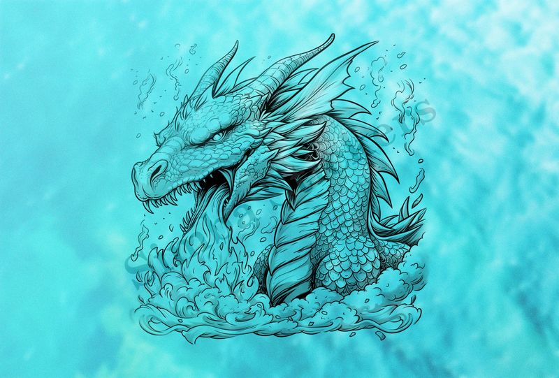 Dragon breathing fire, engulfed in smoke, outline art