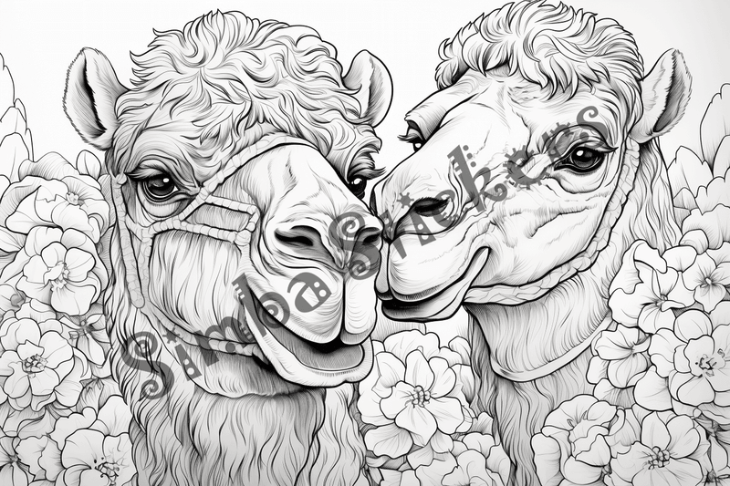 Colouring pages, bundle of camels in love, 10 images