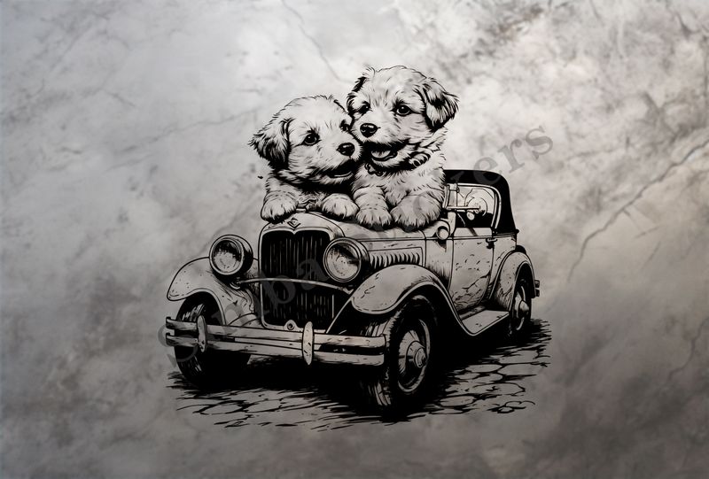 Dogs in love sitting on the hood of a classic car, outline art