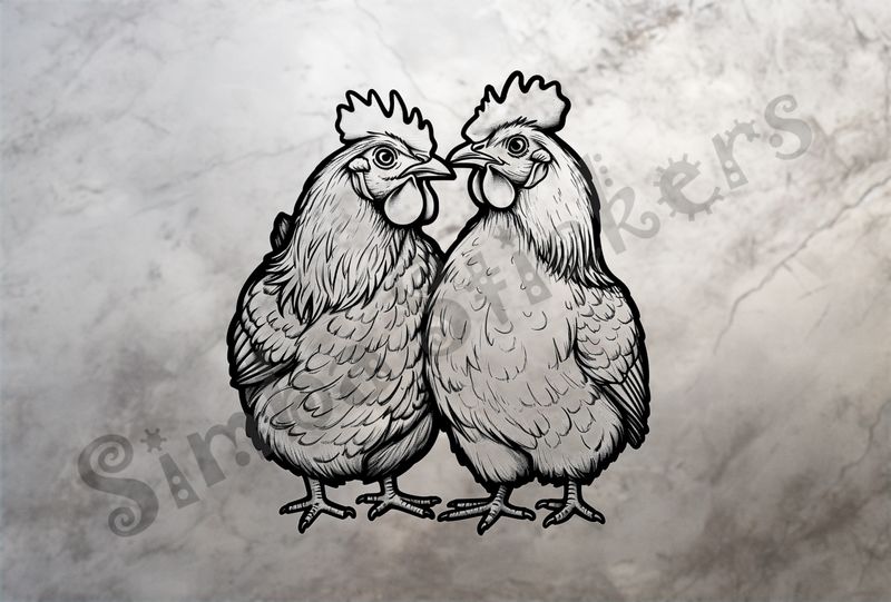 Rooster and hen chicken cuddling beak-to-beak, outline art
