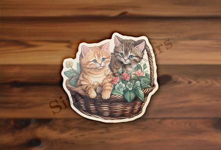 Two kittens in a flowery basket, vintage watercolour