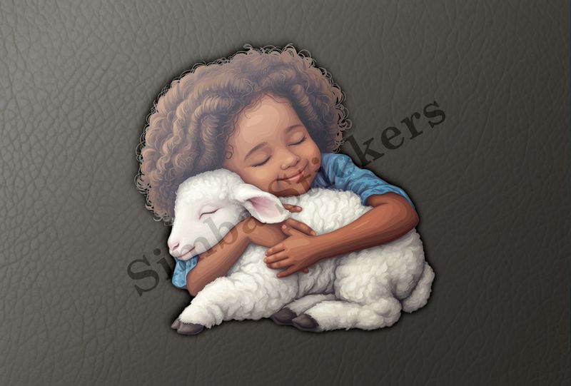 Sheep  hugged by happy girl with frizzy hair