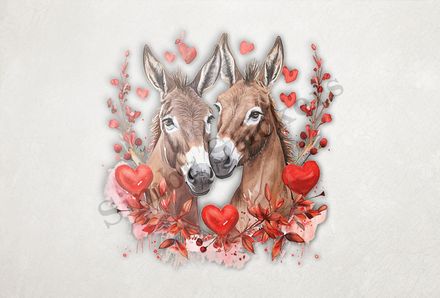 Donkeys in love, hearts and red leaves, watercolour