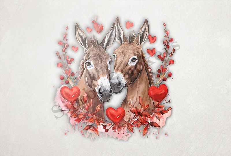 Donkeys in love, hearts and red leaves, watercolour