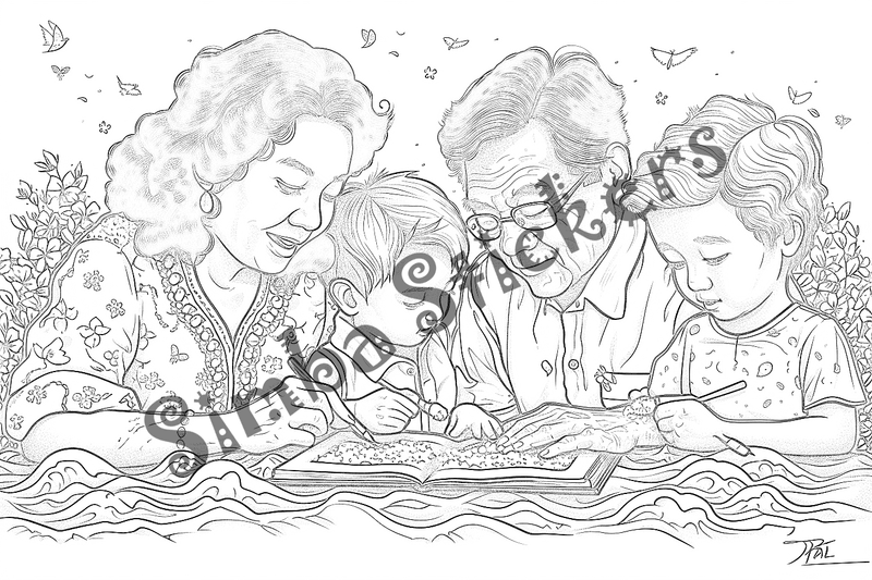 Colouring pages, bundle of people, grandparents with children, 25 images