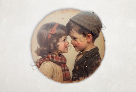 Girl and boy foreheads touching, boy in hat, vintage