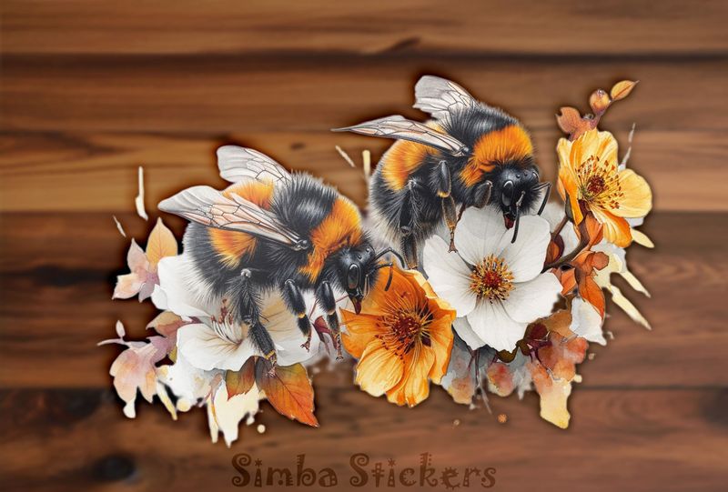 Bees over multi-coloured flowers, watercolour