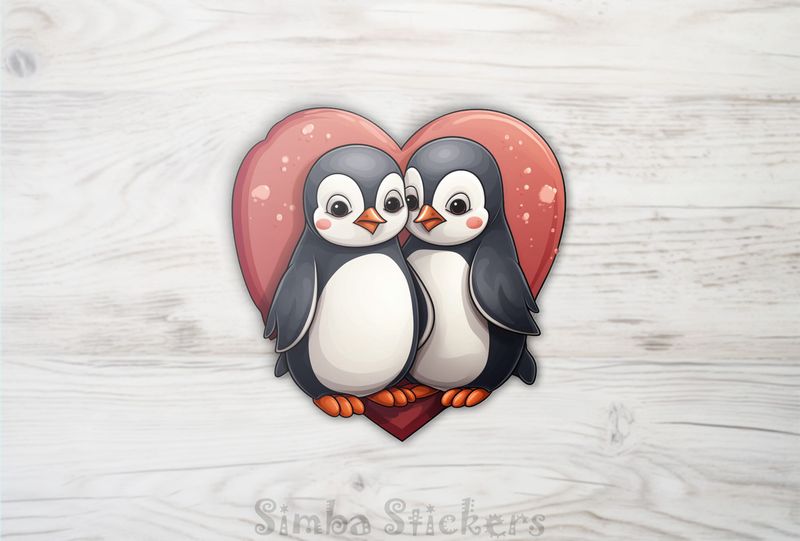 Penguins cheek-to-cheek with romantic Valentine&#x27;s heart, epucnh