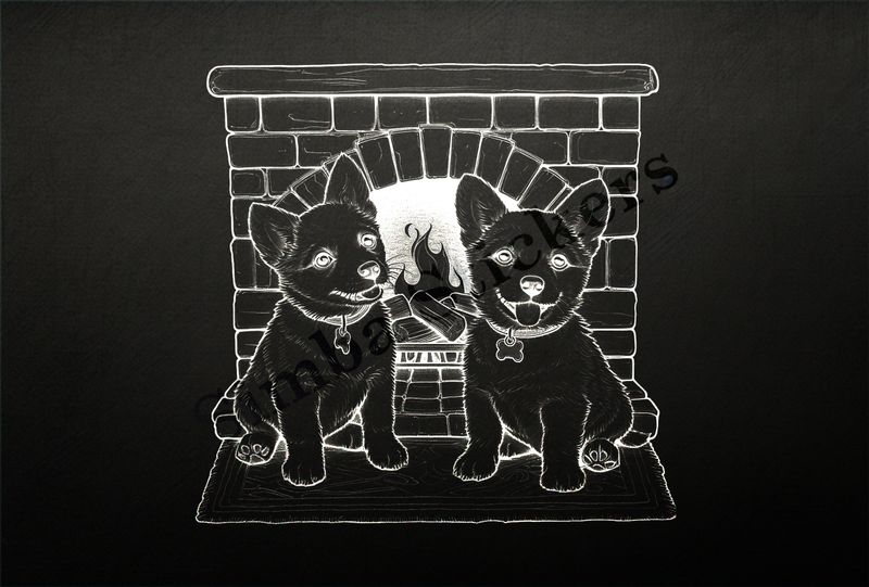 Dogs in love by the fireplace, outline art, reqw9m