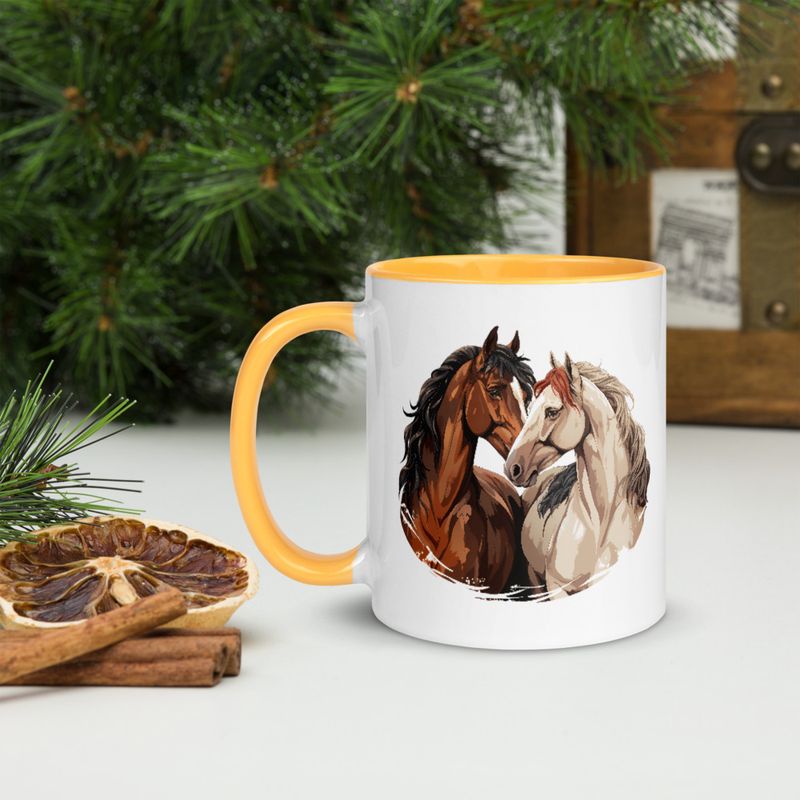 White Ceramic Mug with Color Inside, 11&amp;15oz, Horses nose-to-nose, jbgjpy