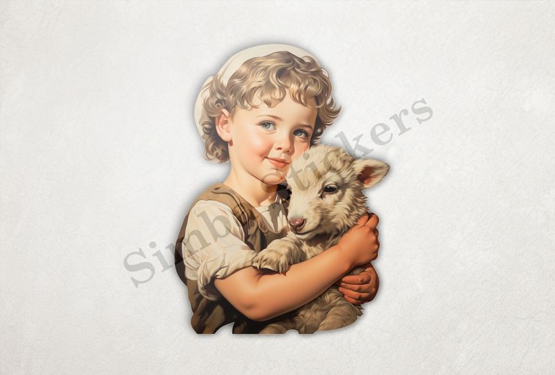 Lamb in arms of small boy wearing white head-covering, vintage