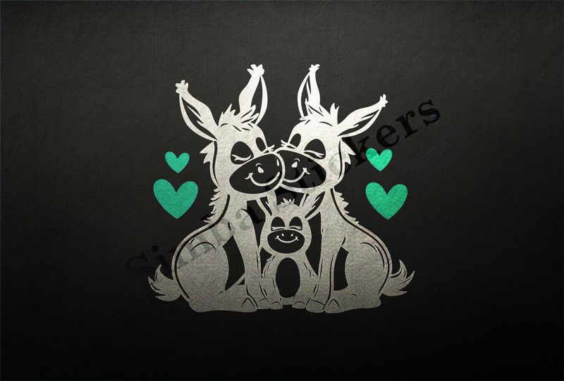 Donkey family, parents in love, hearts in picture, outline art