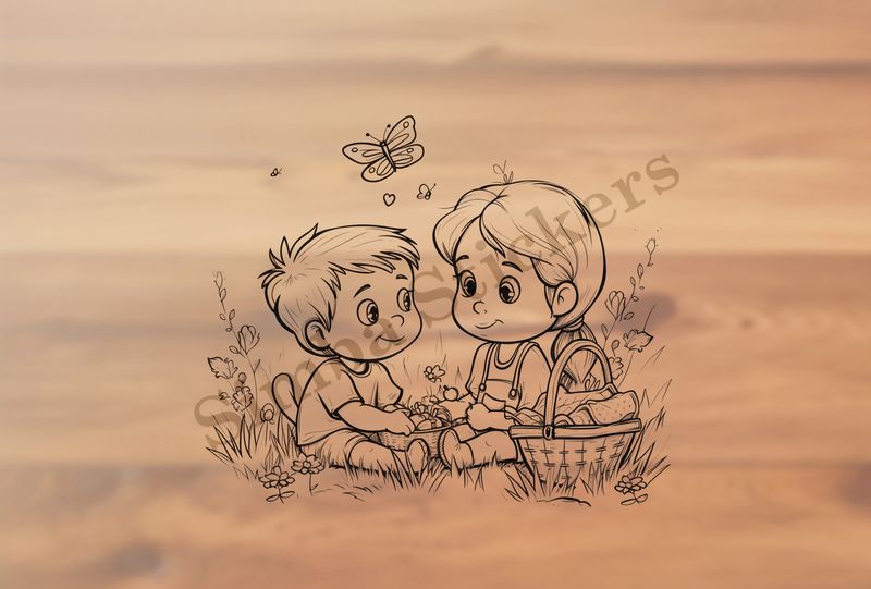 Cute boy and girl with picnic baskets, outline art