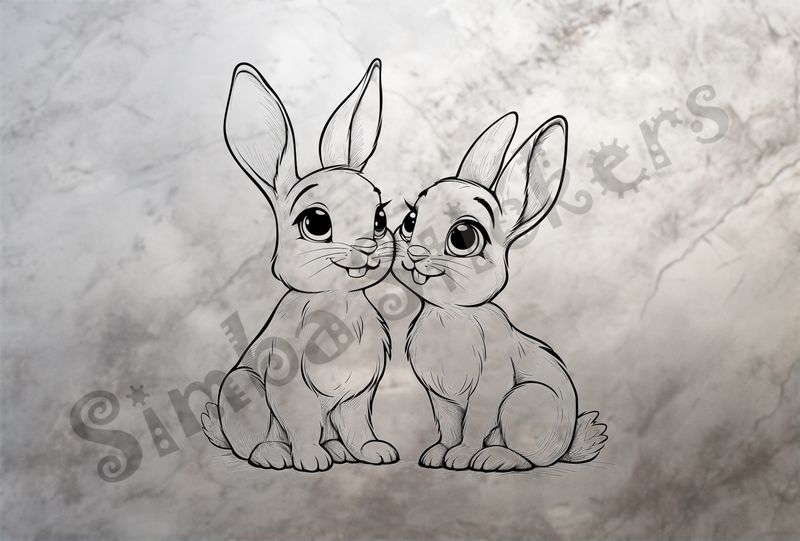 Hares in love cheerfully, outline art