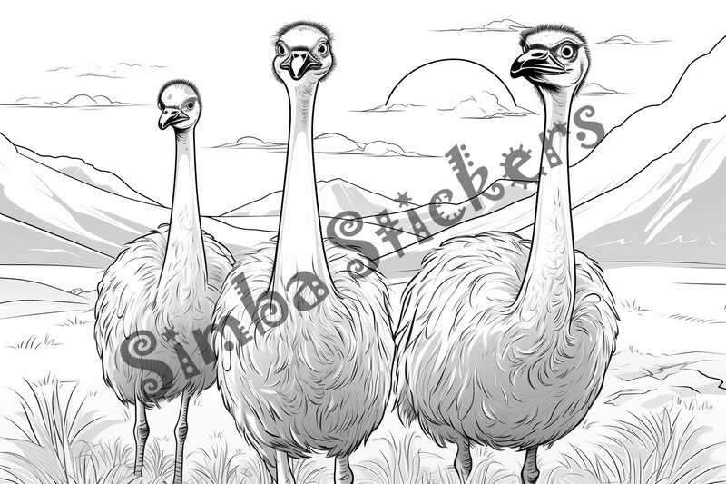 Colouring pages, bundle of multiple ostriches, 10 images
