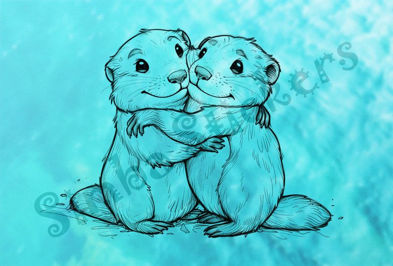 Beavers cuddling cheek-to-cheek in embrace, outline art