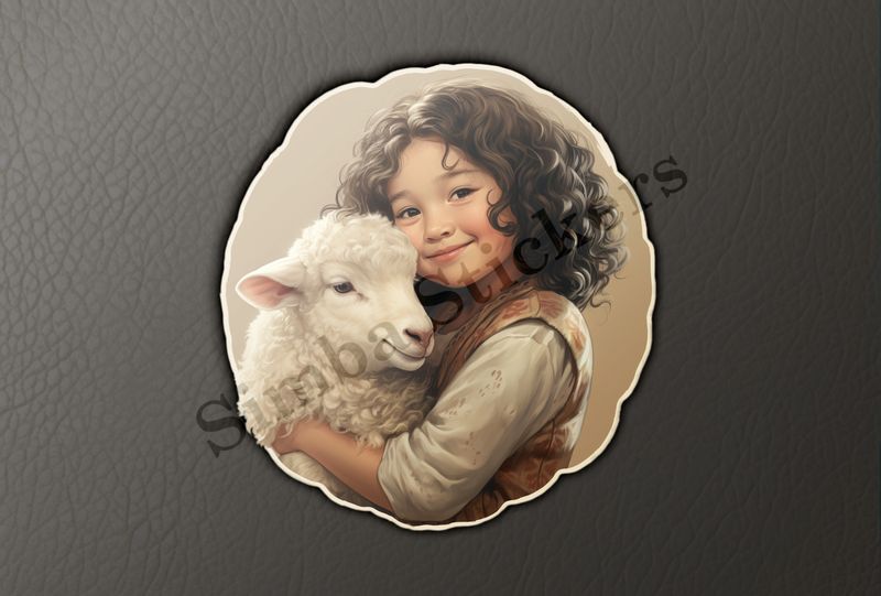 Sheep hugged by smiling girl of Asian origin, vintage