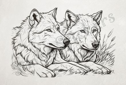 Wolves sitting in the grass, outline art