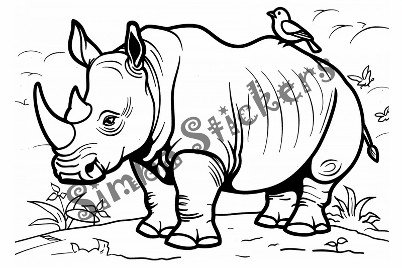 Colouring pages, bundle of rhinos with birds on back, 10 images