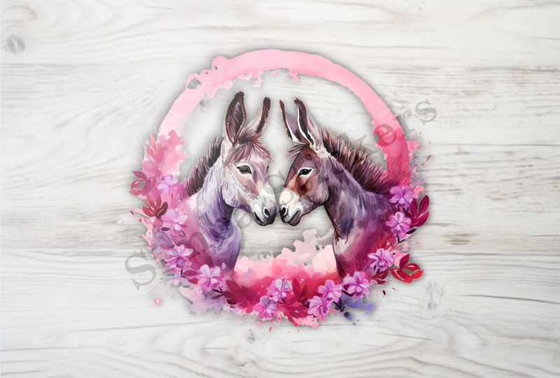 Donkeys in love, purple leaves, watercolour