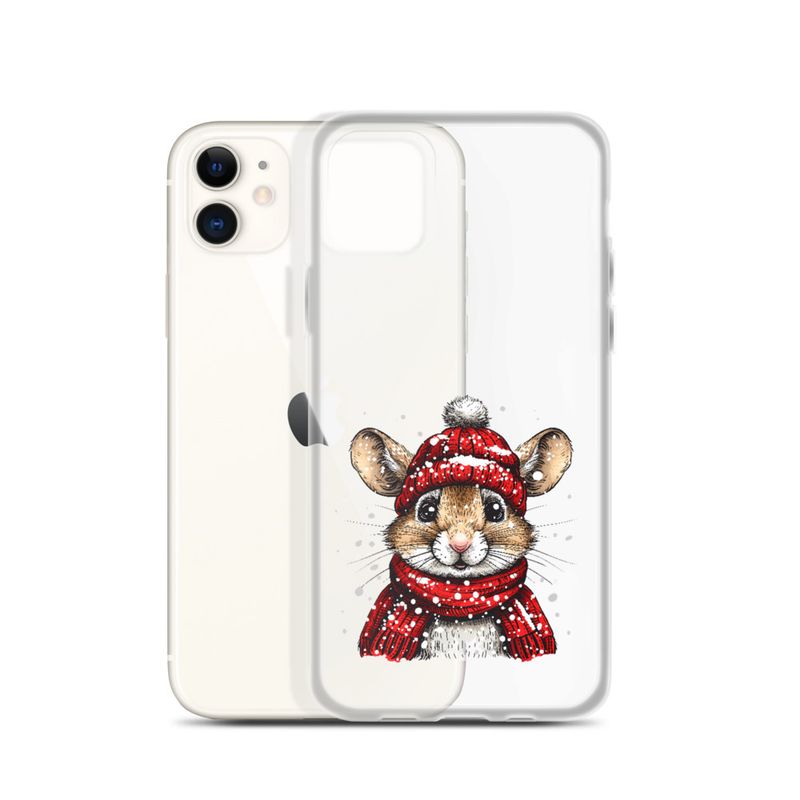 Clear Case for iPhone, Mouse wearing red winter hat and scarf in the snow, xg8dl3