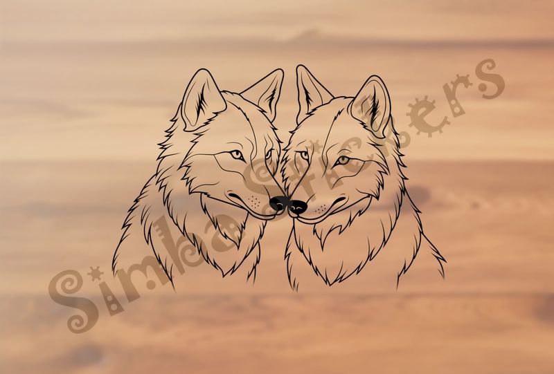 Wolves nose-to-nose in love, outline art