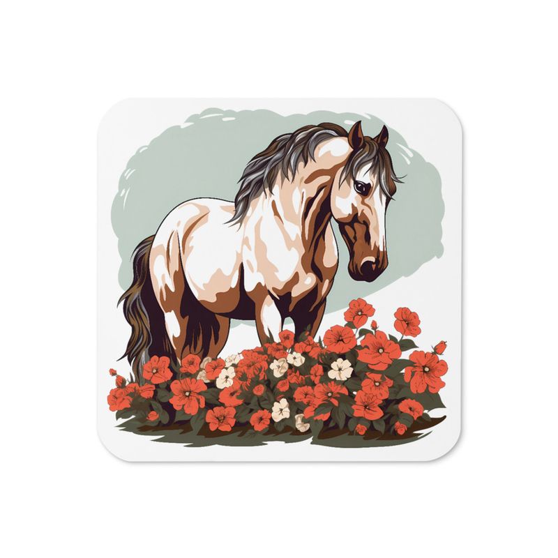 Cork-Back Coaster, Brown horse in field of red flowers, n4w2fj