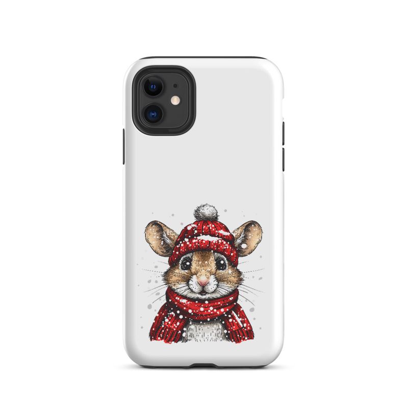Tough Case for iPhone, Mouse wearing red winter hat and scarf in the snow, xg8dl3