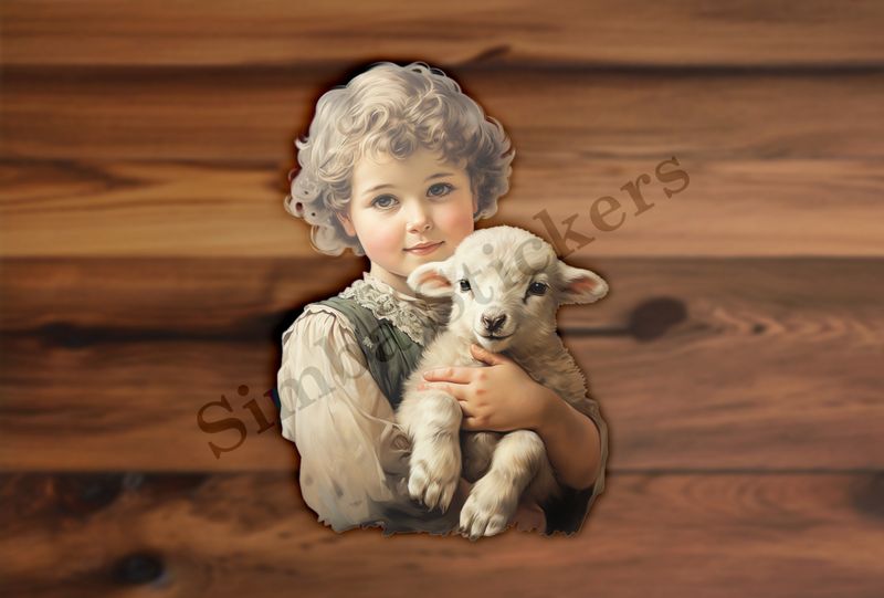 Cute lamb in the arms of a small boy, vintage