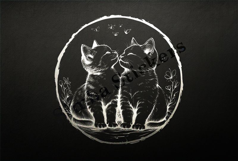 Cat kittens in love, in circle, outline art