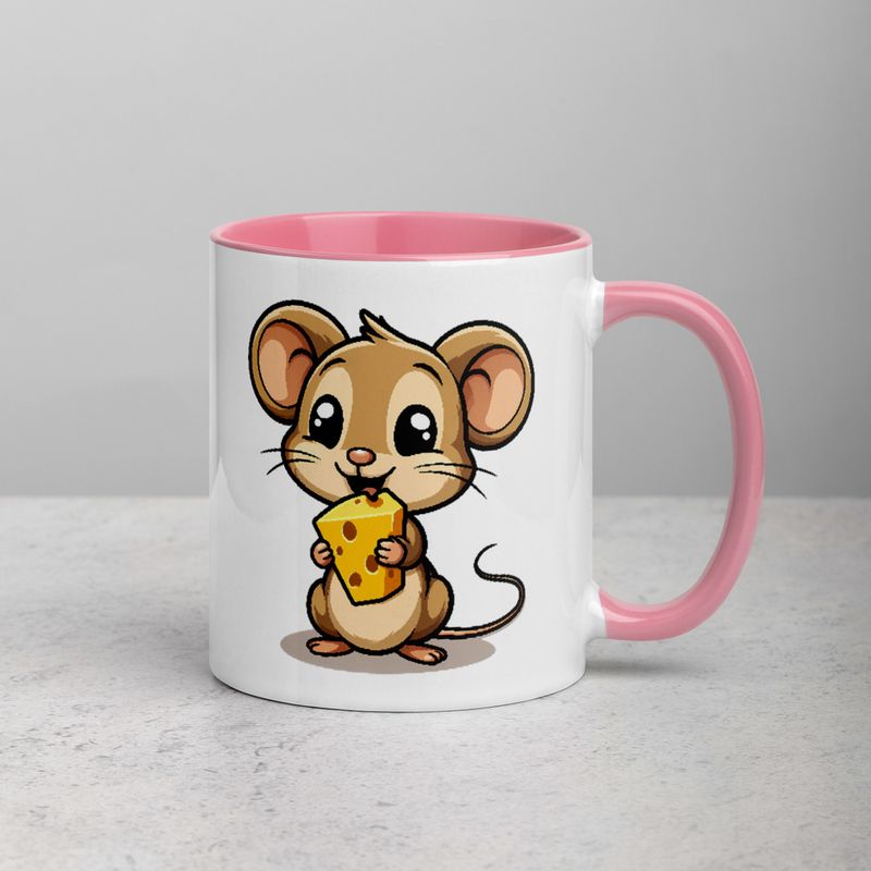 White Ceramic Mug with Color Inside,11&amp;15oz,Small Mouse happily licking large chunk of cheese,pqapy6