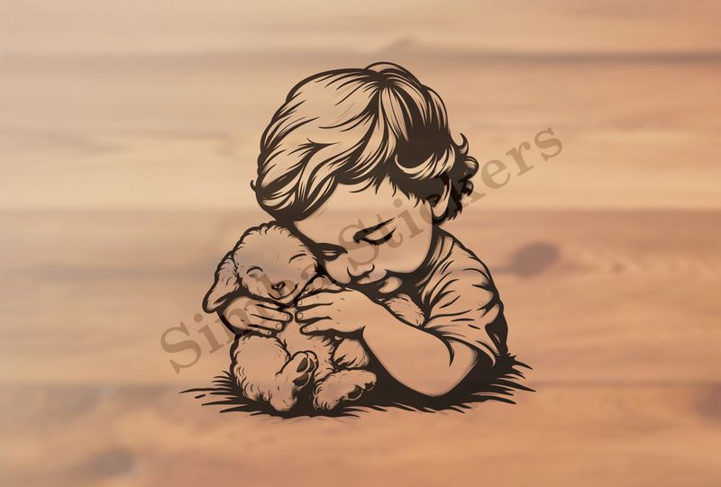 Lamb hugged by a small boy , outline art