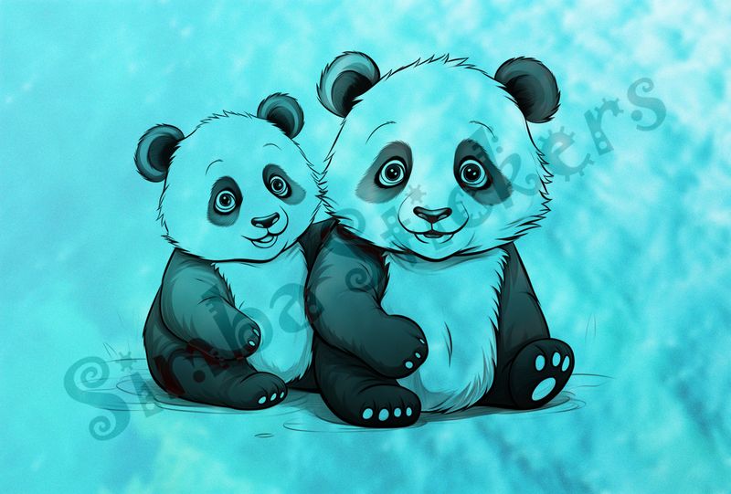 Two panda bear cubs sitting, outline art, 4bvxyc