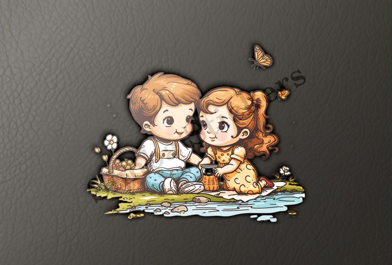 Boy and girl with a picnic basket by a pond