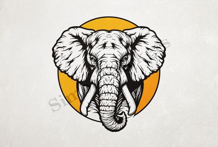 Elephant, front view in yellow circle, outline art