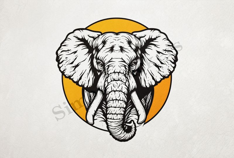 Elephant, front view in yellow circle, outline art