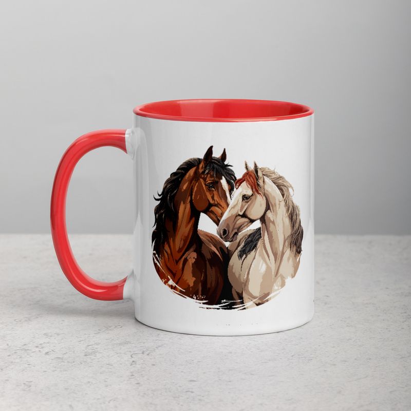 White Ceramic Mug with Color Inside, 11&amp;15oz, Horses nose-to-nose, jbgjpy