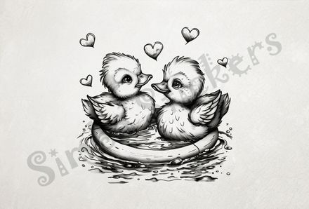 Ducklings in a ring in a pond, romantic hearts, outline art