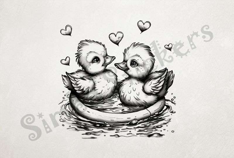 Ducklings in a ring in a pond, romantic hearts, outline art