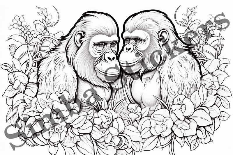 Colouring pages, bundle of gorillas in love, 10 images